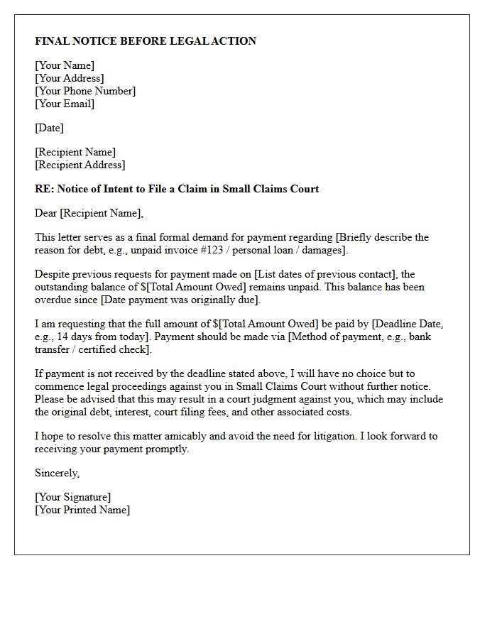 Final Notice Letter for Small Claims Court Proceeding