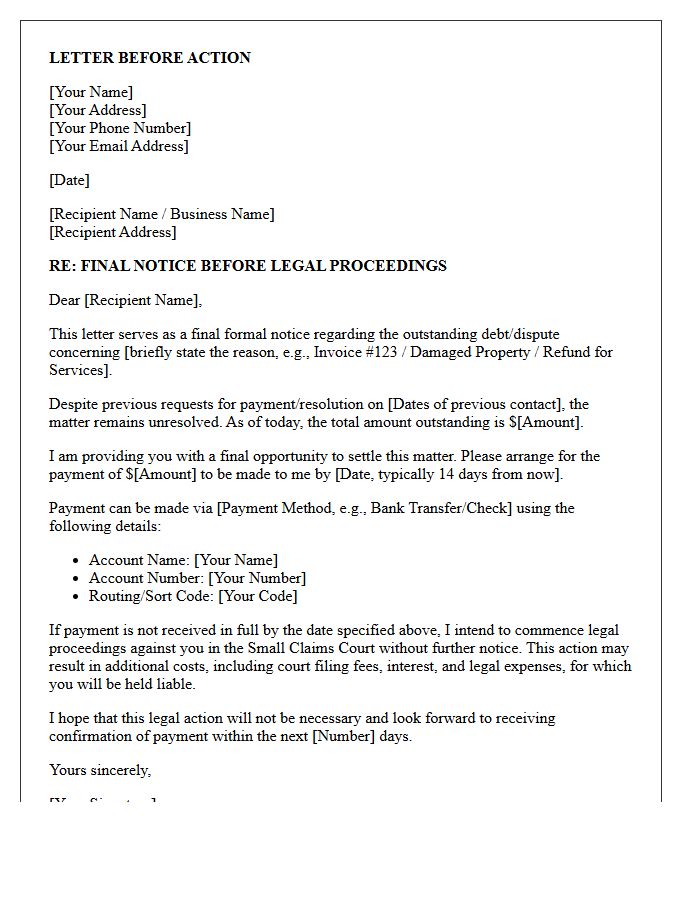 Final Warning Letter Prior to Small Claims Action