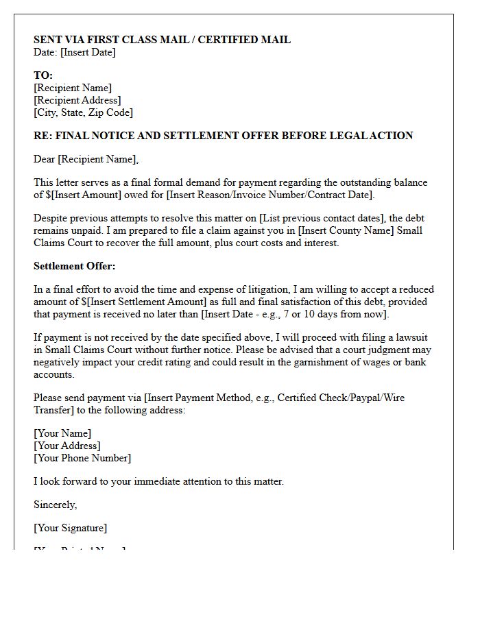 Last Chance Settlement Letter Before Small Claims Filing