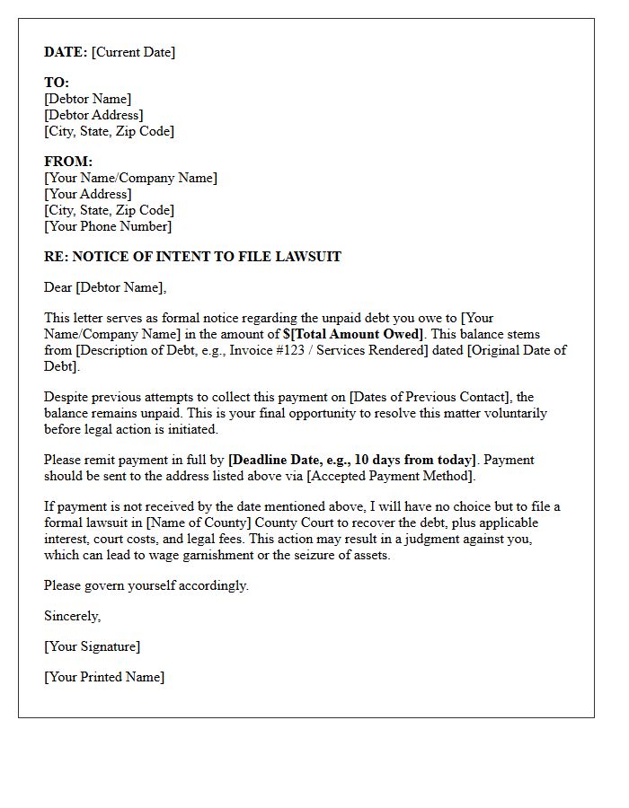 Notice of Intent to Sue Letter for Unpaid Debt