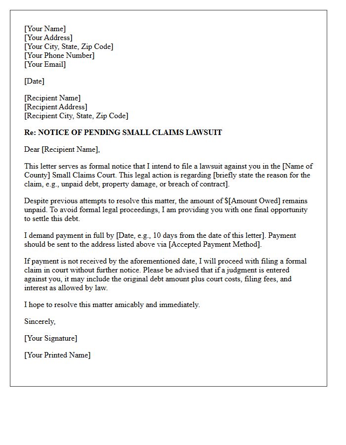 Notice of Pending Small Claims Lawsuit Letter
