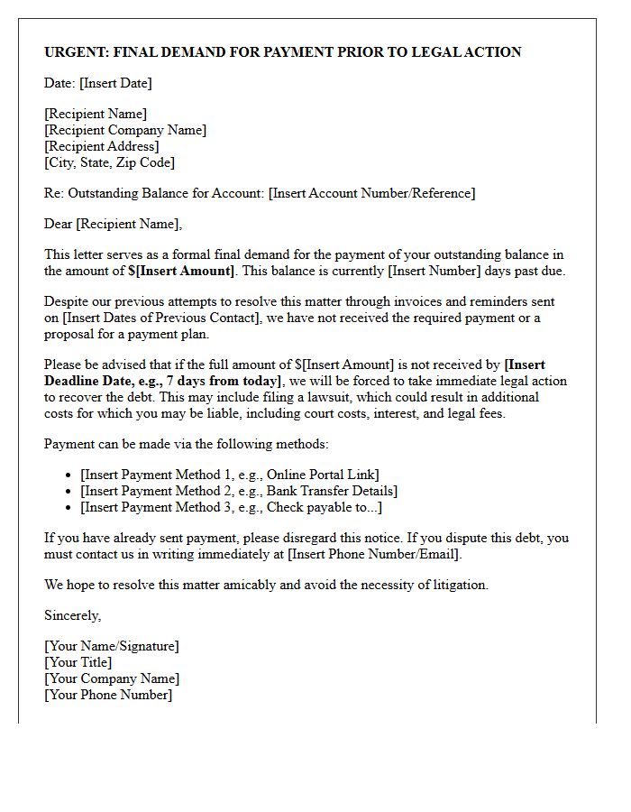 Pre-Litigation Final Demand Letter for Outstanding Balance