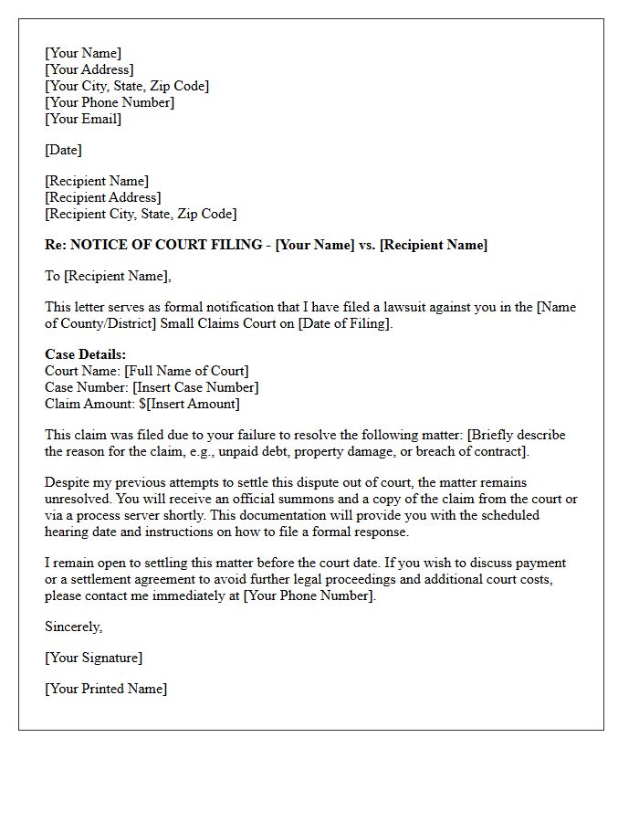 Small Claims Court Filing Notification Letter