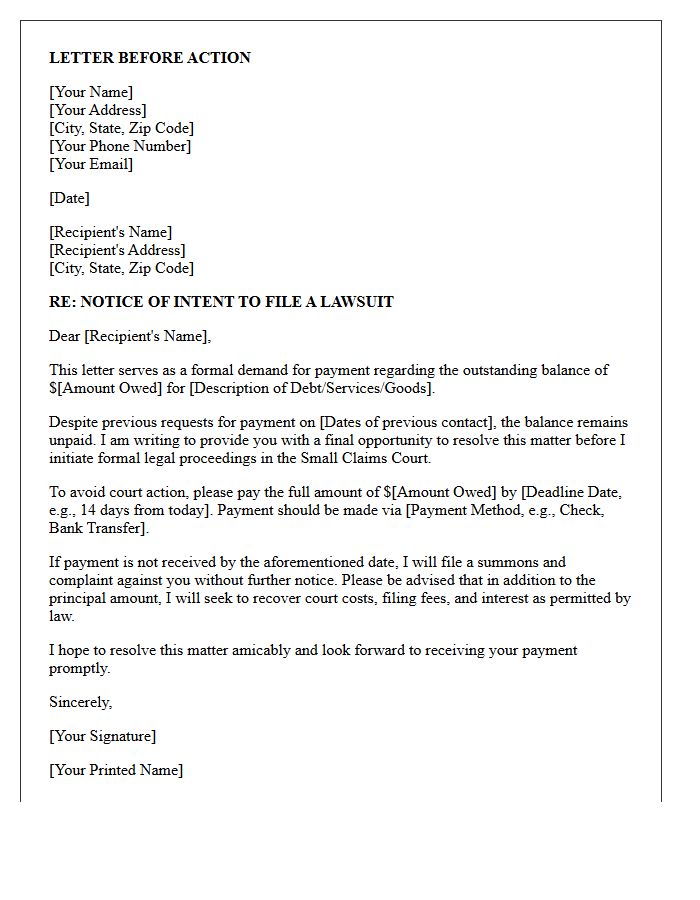 Small Claims Court Summons Warning Letter