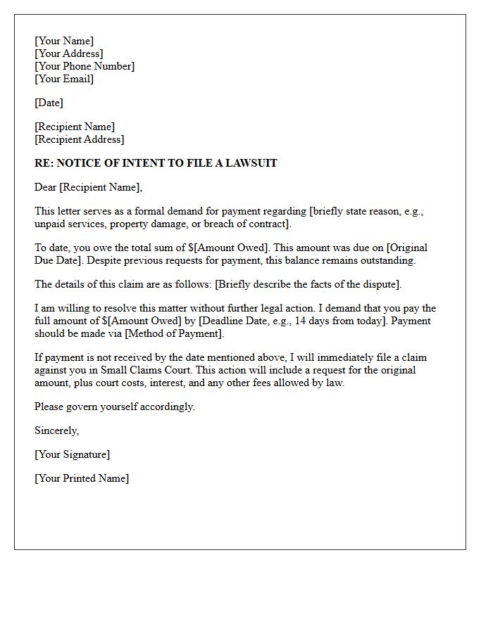 Small Claims Impending Action Demand Letter