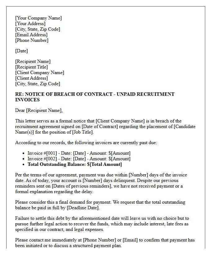 Breach of Contract Letter Regarding Delinquent Recruitment Invoices