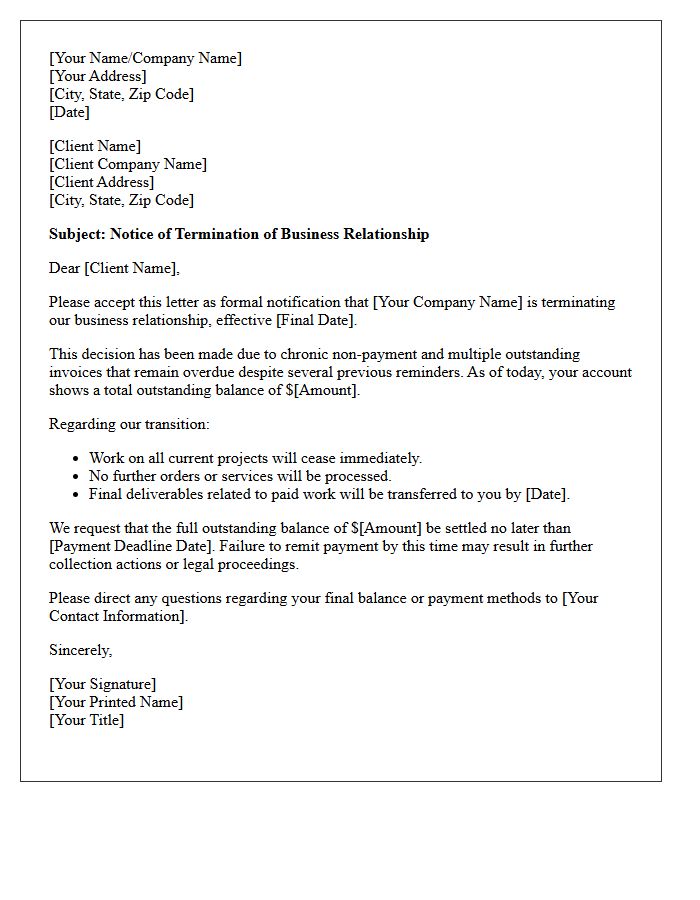 Client Relationship Severance Letter for Chronic Non-Payment