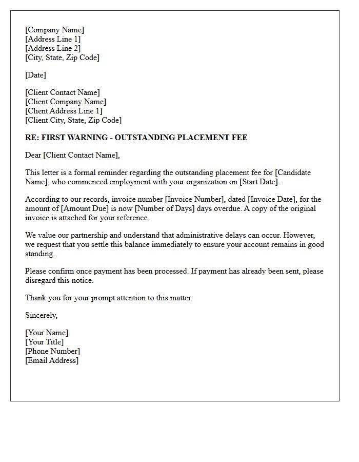 First Warning Letter for Outstanding Placement Fees