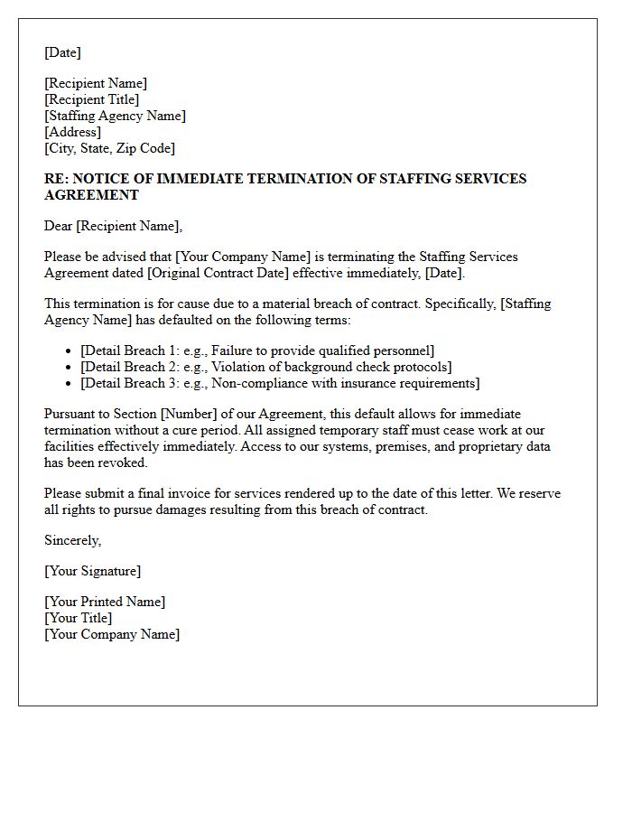 Immediate Termination Letter for Defaulted Staffing Contracts