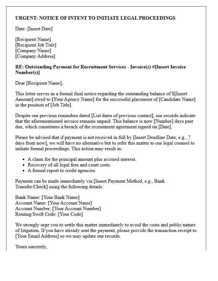 Legal Action Warning Letter for Outstanding Headhunting Dues