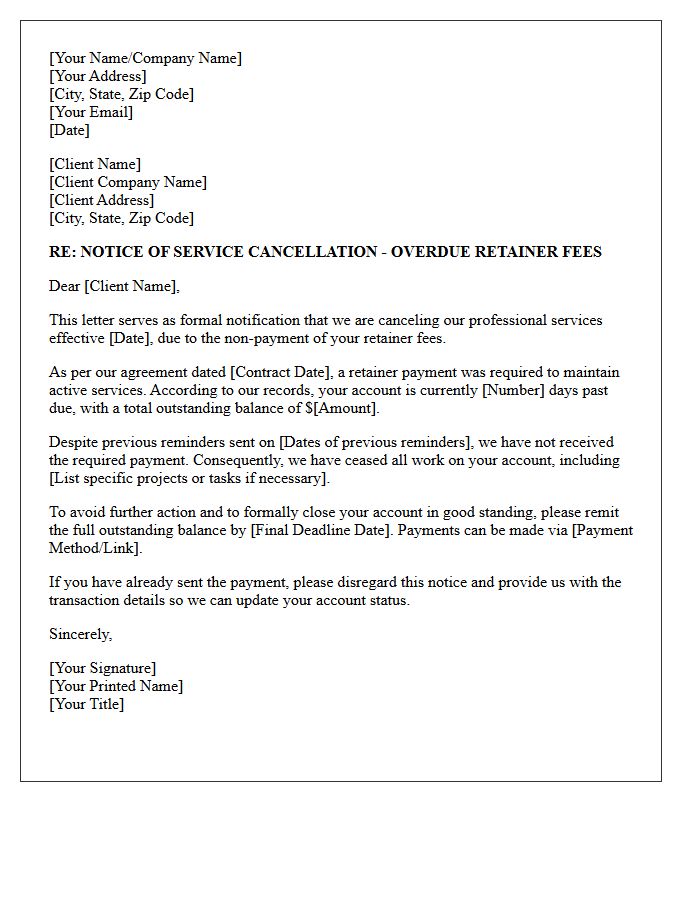 Official Service Cancellation Letter for Overdue Retainer Fees