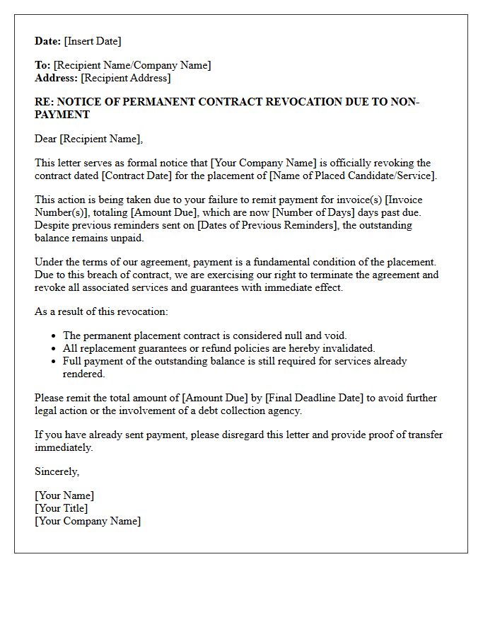 Permanent Contract Revocation Letter for Non-Payment of Placements