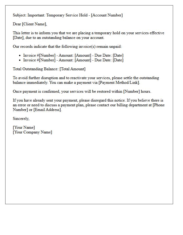 Temporary Service Hold Letter Pending Invoice Settlement