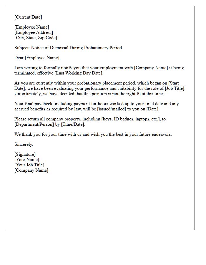 Notice of Dismissal During Probationary Placement Period Letter
