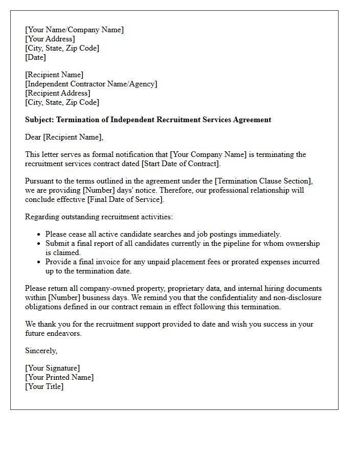 Client Contract Cancellation Termination Letter for Independent Recruitment Contractor