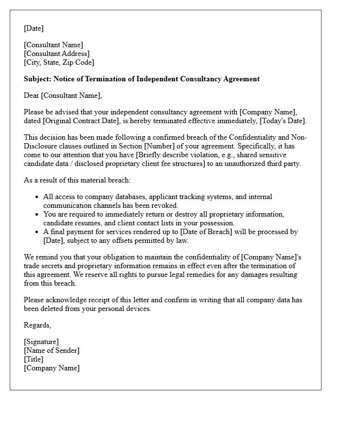 Confidentiality Violation Termination Letter for Independent Recruitment Consultant