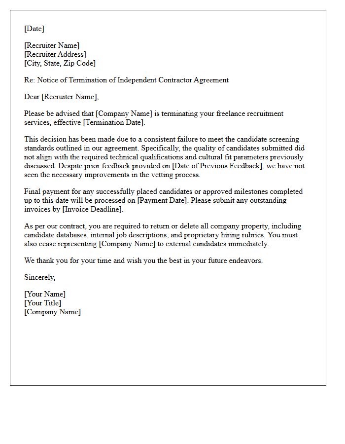 Freelance Recruiter Termination Letter for Failure to Meet Candidate Screening Standards