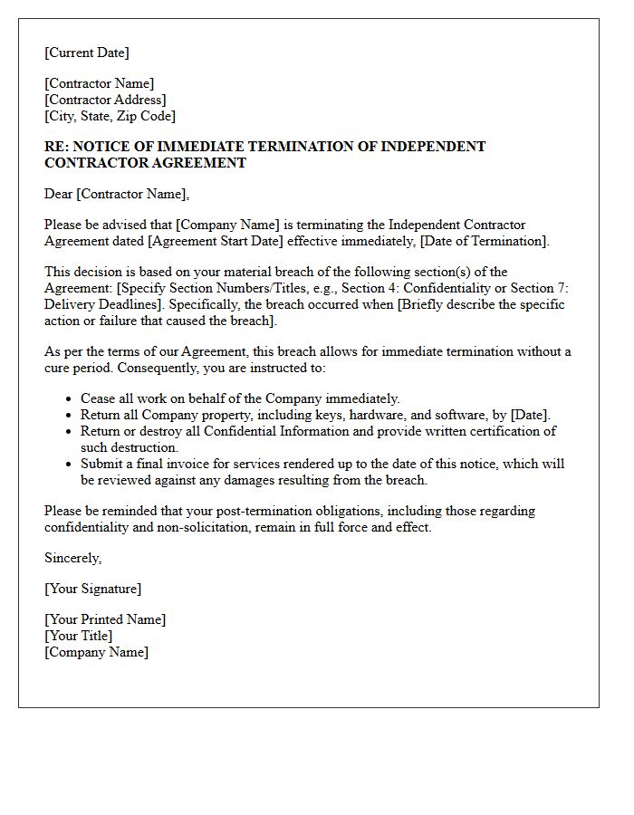 Immediate Termination Letter for Breach of Independent Contractor Agreement