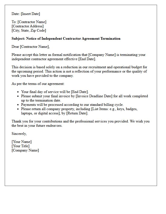 Independent Contractor Termination Letter Due to Recruitment Budget Reduction