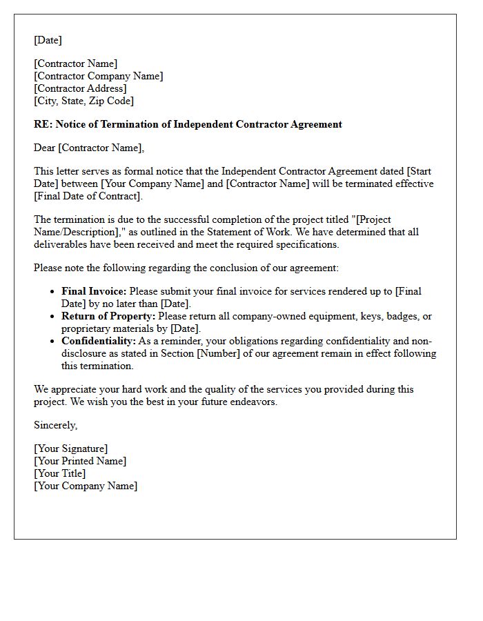 Notice of Independent Contractor Agreement Termination Letter for Project Completion