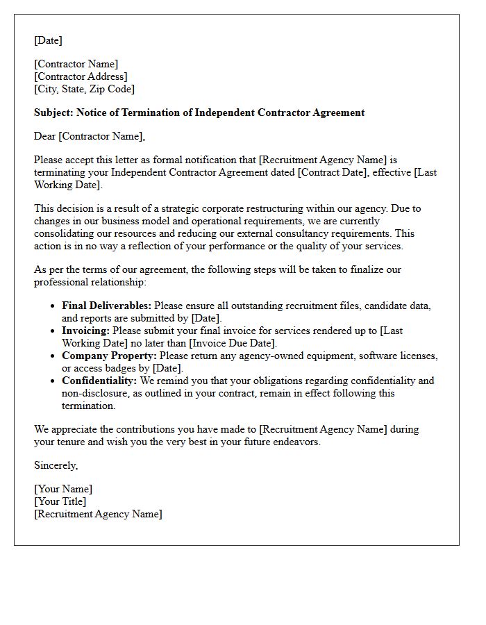 Recruitment Agency Restructuring Termination Letter for Independent Contractor