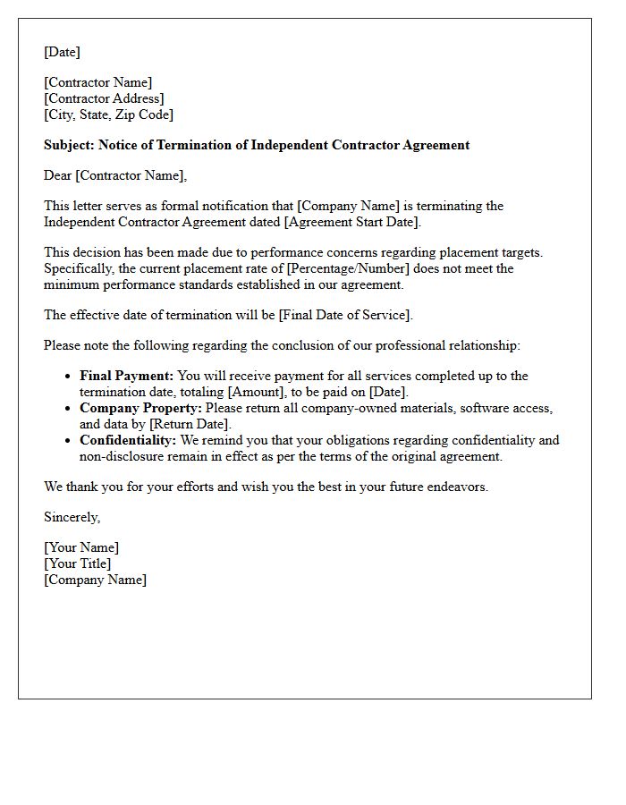 Termination Letter for Independent Contractor Agreement Due to Low Placement Performance