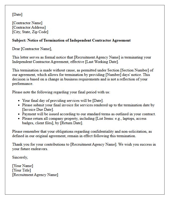 Termination Letter Without Cause for Recruitment Agency Independent Contractor