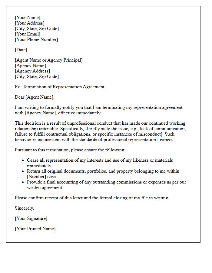 Agency Representation Termination Letter for Unprofessional Conduct