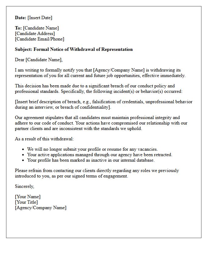 Candidate Representation Withdrawal Letter for Breach of Conduct