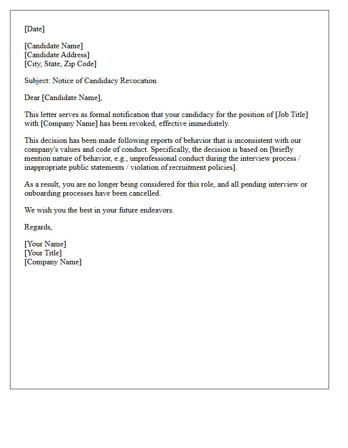 Notice of Candidacy Revocation Letter for Inappropriate Behavior