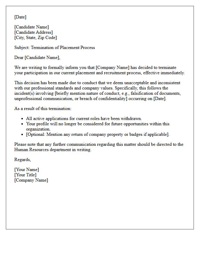 Placement Process Termination Letter for Unacceptable Conduct