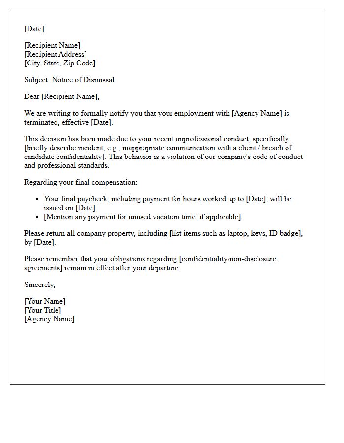 Recruitment Agency Dismissal Letter for Unprofessional Conduct