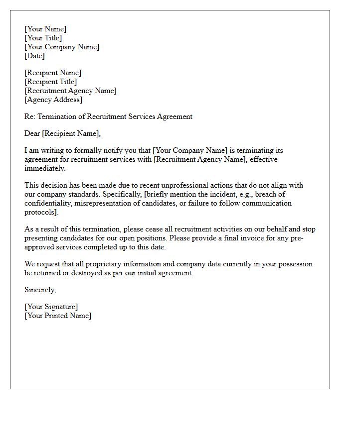 Recruitment Services Termination Letter Due to Unprofessional Action