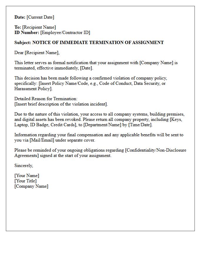 Immediate Policy Violation Assignment Termination Letter
