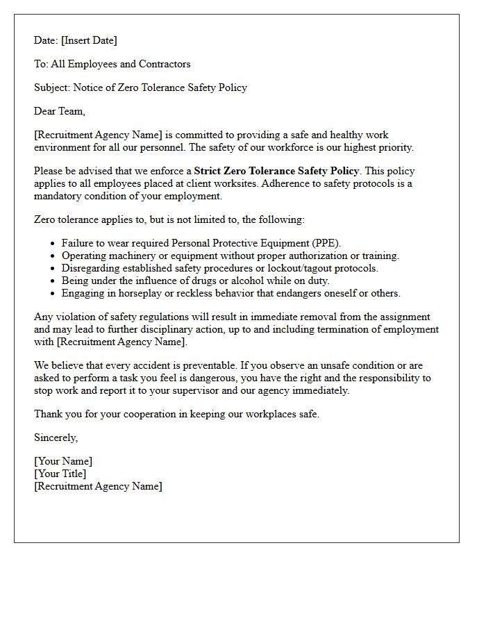 Our Recruitment Agency Enforces a Strict Zero Tolerance Safety Policy