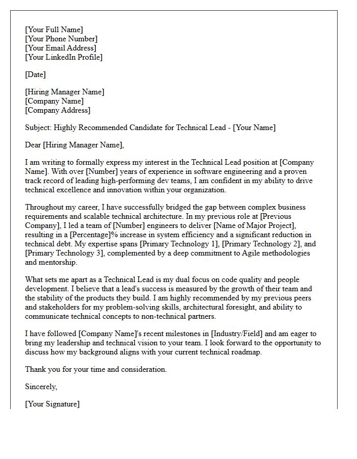 Highly Recommended Technical Lead Presentation Letter