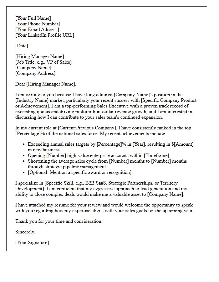 Top Performing Sales Executive Speculative Pitch Letter