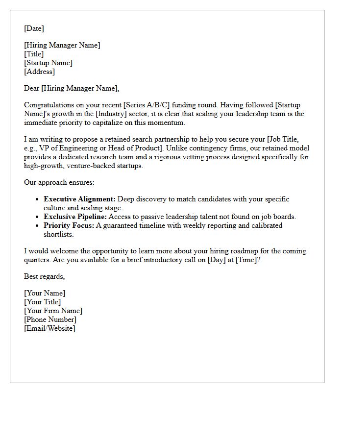 Funded Startup Retained Search Partnership Letter