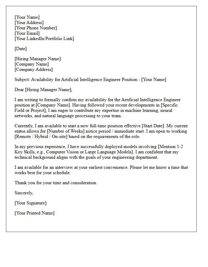 Artificial Intelligence Engineer Availability Letter