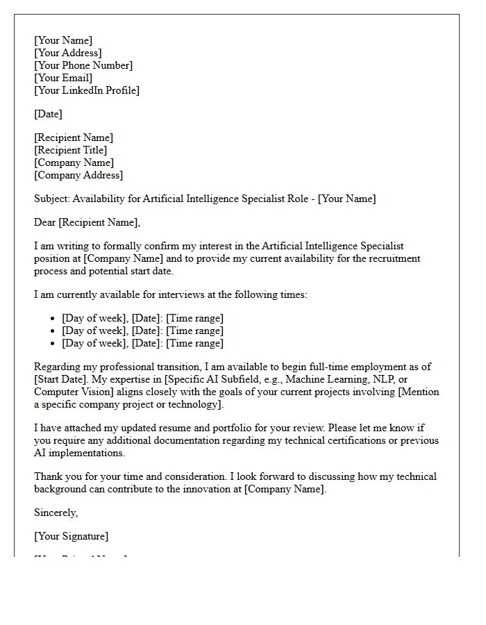 Artificial Intelligence Specialist Availability Letter