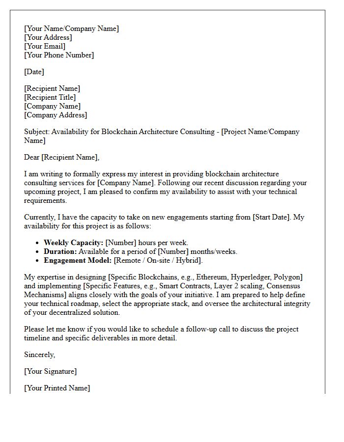 Blockchain Architecture Consultant Availability Letter