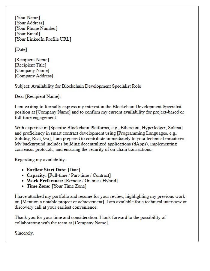 Blockchain Development Specialist Availability Letter