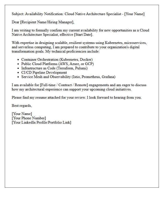 Cloud Native Architecture Specialist Availability Letter