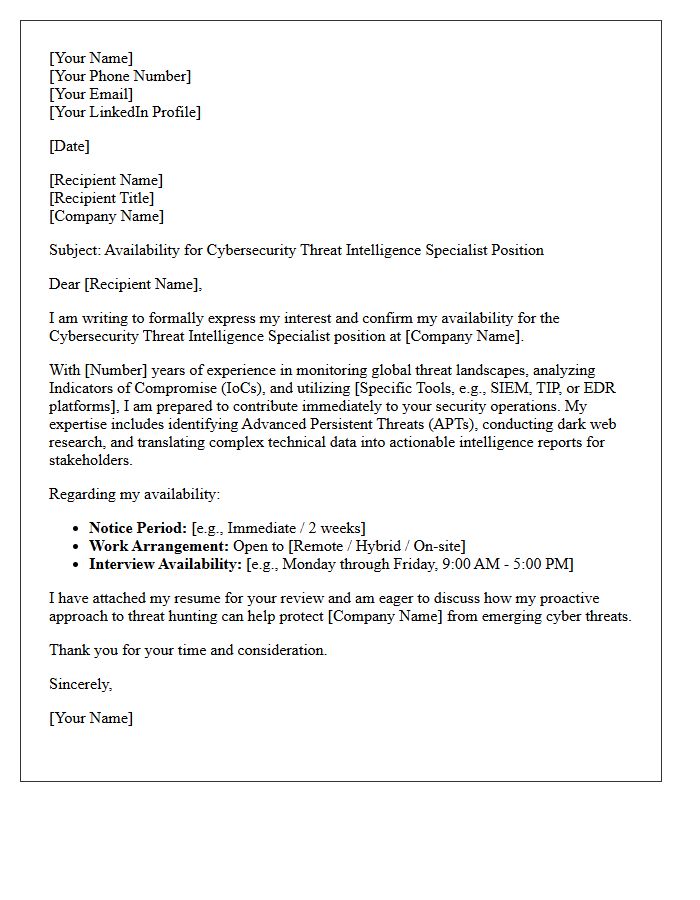 Cybersecurity Threat Intelligence Specialist Availability Letter