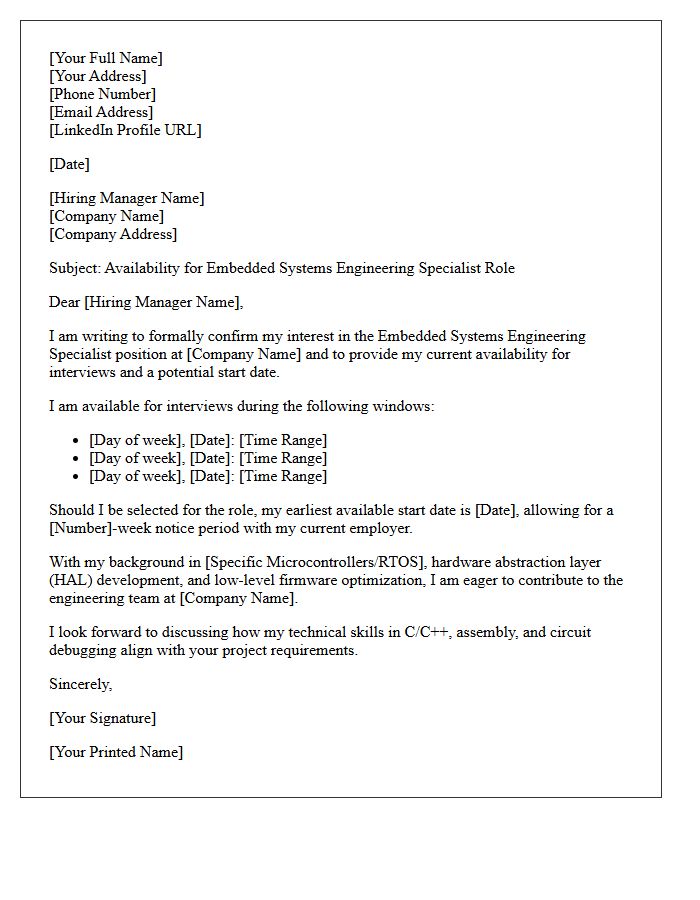 Embedded Systems Engineering Specialist Availability Letter