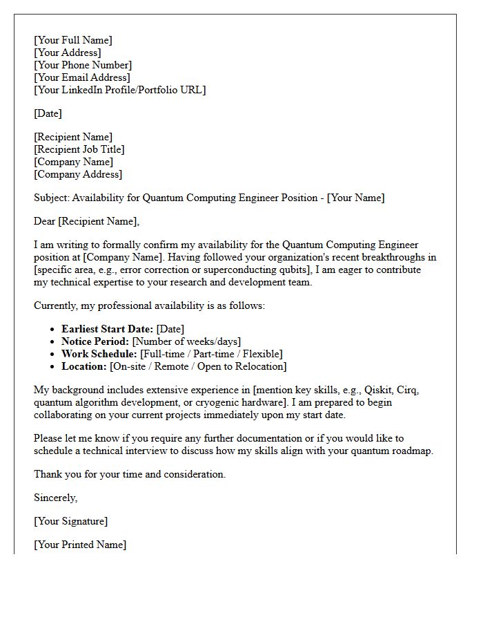 Quantum Computing Engineer Availability Letter