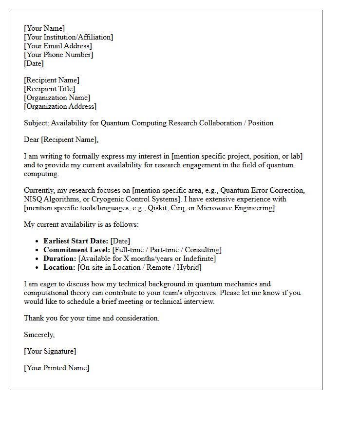 Quantum Computing Researcher Availability Letter