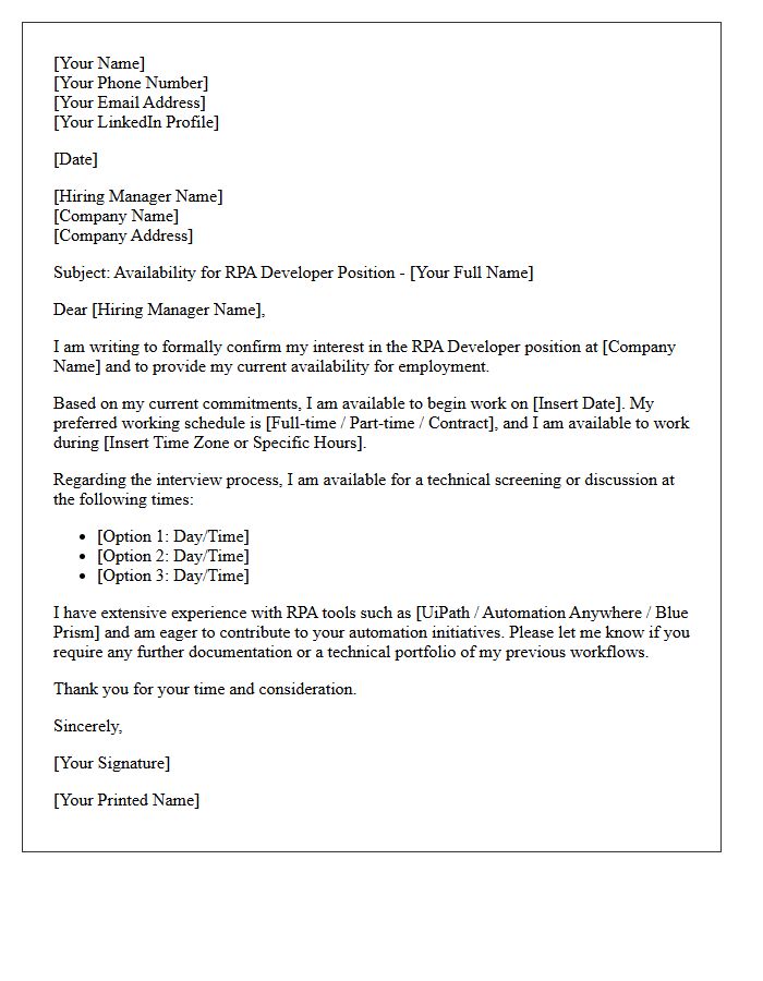 Robotic Process Automation Developer Availability Letter