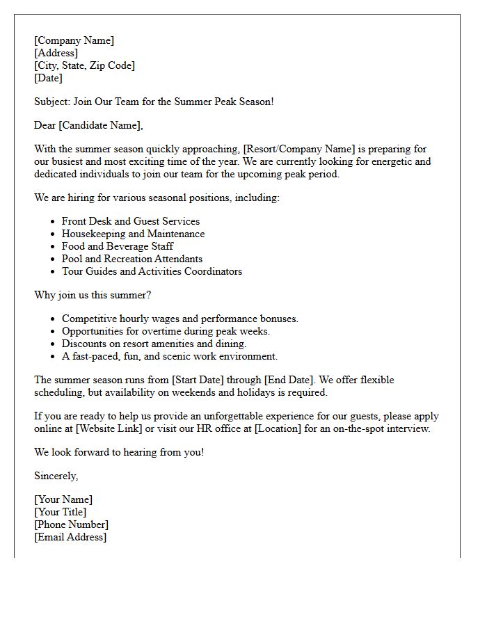 Resort and Tourism Summer Peak Hiring Letter