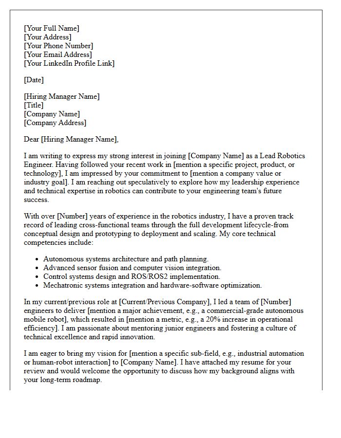 Speculative Letter For Lead Robotics Engineer Candidate